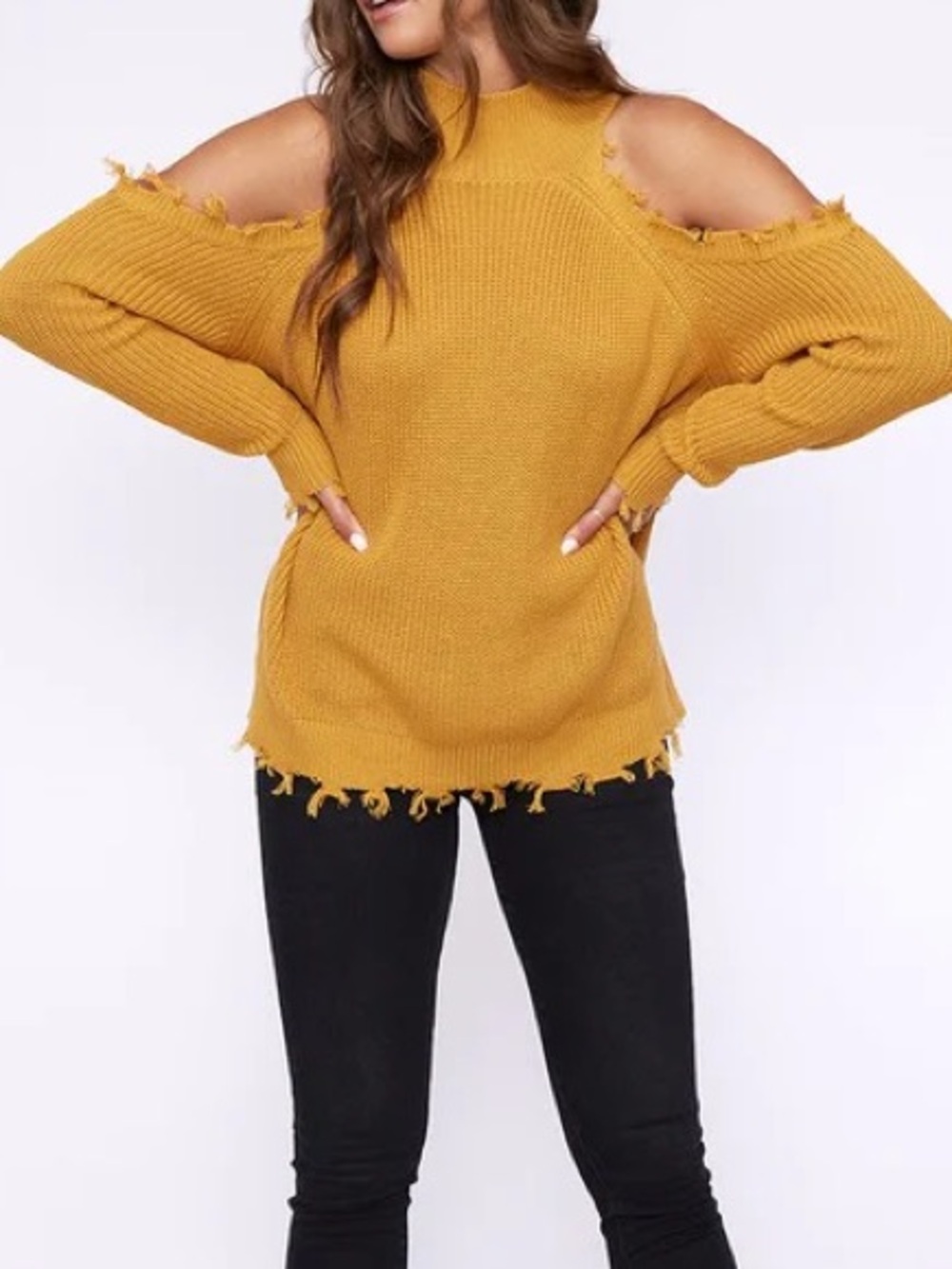 Peach Love Cali Cold-Shoulder Distressed Knit Sweater, Size M